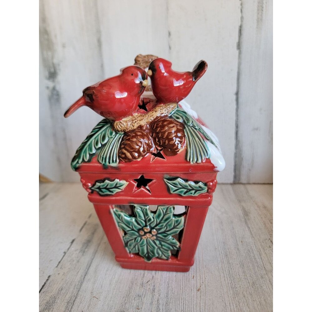 Birdhouse Ceramic red‎ cardinal tealight candle holder Xmas